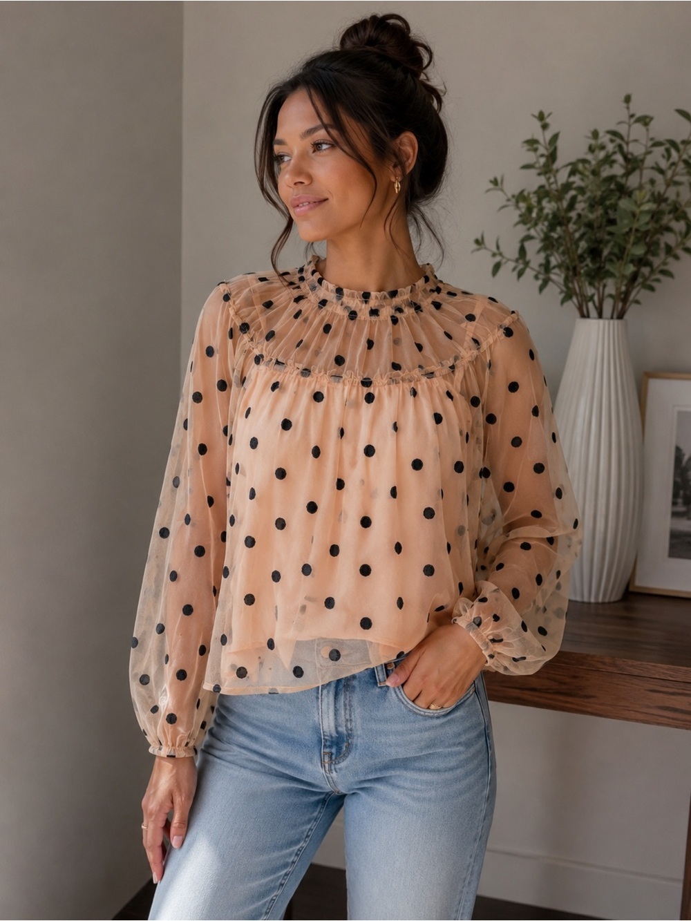 J.Crew Women’s Sheer Polka Dot Mesh Ruffle Blouse. Size: Small